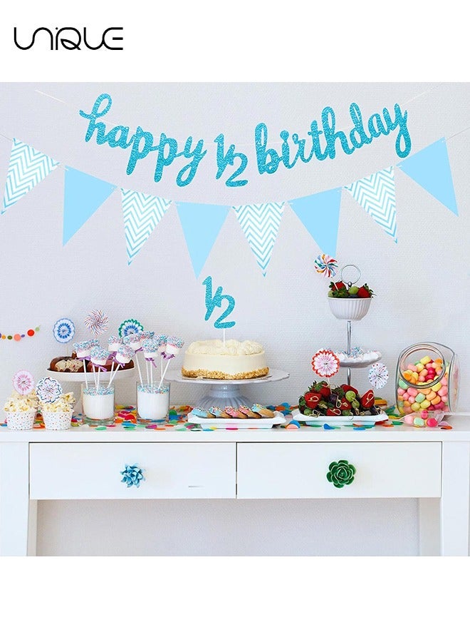 Unique 3 Pcs - 6 Months Banner Happy Birthday Banner Happy 1/2 Birthday Banner Glitter 1/2 Half Year Cake Topper Triangle Flag Banner for Half Year Baby Shower Birthday Party Decoration, Pre-strung (Blue)  - Image 5