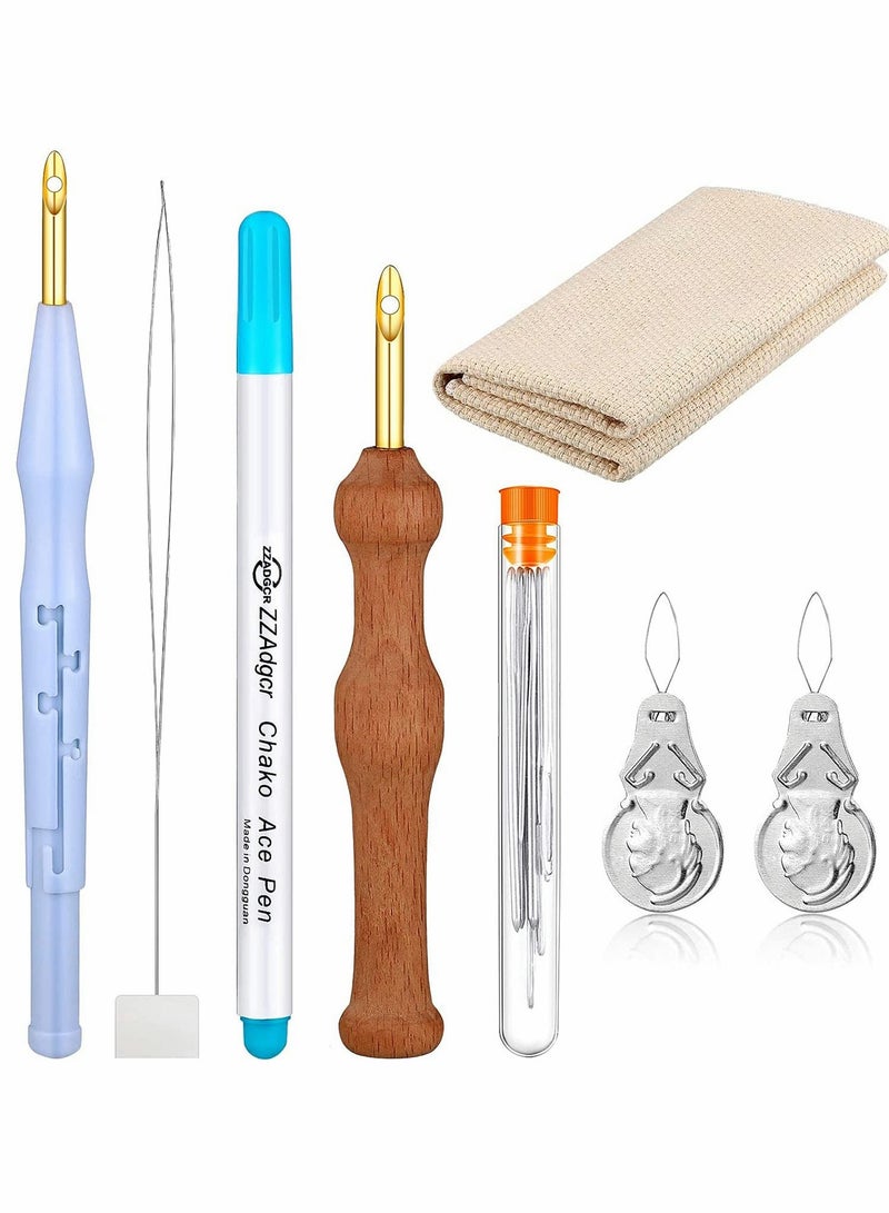 Excefore Punch Needle Embroidery Kits, Adjustable Rug Yarn Punch Needle, Wooden Handle Embroidery Pen, Needle Threader, Punch Needle Cloth for Embroidery Floss Cross Stitching Beginners - Image 1
