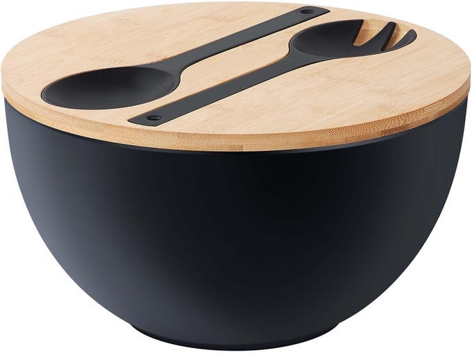 113 EXTRA LARGE SALAD BOWL WITH WOODEN LID SERVERS 208OZ OVERSIZED BAMBOO FIBER SALAD SERVING SET WITH UTENSILS FOR HOMEKITCHEN BIG LIGHTWEIGHT BOWL FOR MIXING SALADFRUITPASTA MATTE BLACK