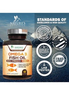 Nature's Nutrition Triple Strength Omega 3 Fish Oil 2400 mg Softgels, Nature's Fish Oil Supplements, Brain & Heart Health Support - EPA & DHA, 1200 MG Fish Oil in Each Softgel, Omega-3 Supplement - 180 Fish Oil Softgels 