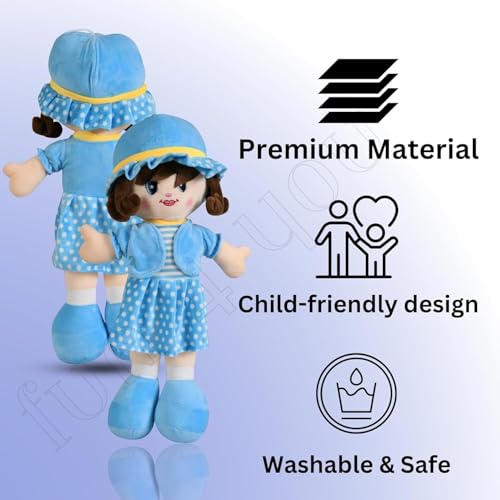 Fun4you 50 cm Soft Doll with Blue Dress & Hat | Plush Rag Doll Toy for Girls | Cute Stuffed Doll Gift for Kids Birthday, Baby Shower & Playtime - Image 3