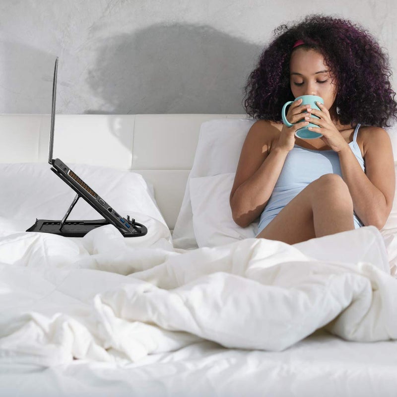 Striff حامل طاولة لابتوب قابل للتعديل براءة اختراع مع نظام تهوية محمول وقابل للطي متوافق مع ماك بوك ودفتر وقرص طاولة مع حامل هاتف مجاني (أسود) - Image 3