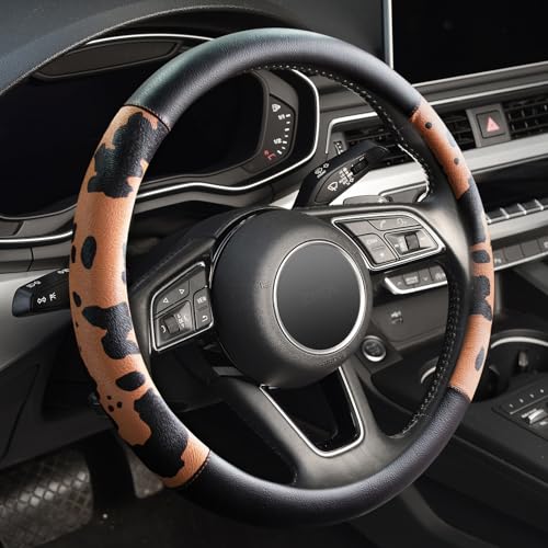 ZHOL Cow Print Car Steering Wheel Covers Breathable Microfiber Leather for Women and Men Universal 15 inch AntiSlip Steering Wheel Protector Black Brown - Image 1