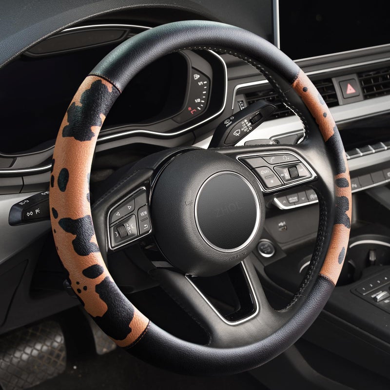 ZHOL Cow Print Car Steering Wheel Covers Breathable Microfiber Leather for Women and Men Universal 15 inch AntiSlip Steering Wheel Protector Black Brown - Image 3