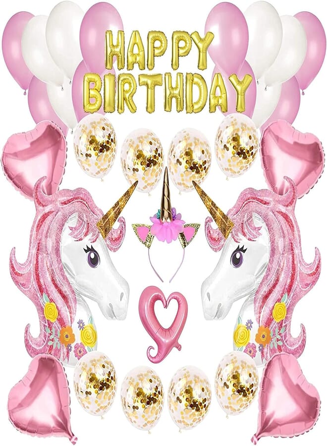 Secret Unicorn Birthday Party Decorations for Kids, Huge 3D Unicorn Balloon, Happy Birthday Balloon Banner, Star Balloon, Crown and Latex Party Ballons for Infant Girls Birthday Party
