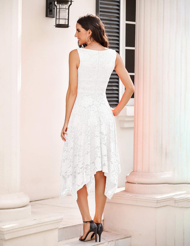 Meetjen Elegant V-Neck Cocktail Dress Formal Irregular Hem Sleeveless Wedding Dresses for Bride A-line Fancy White M - Image 4