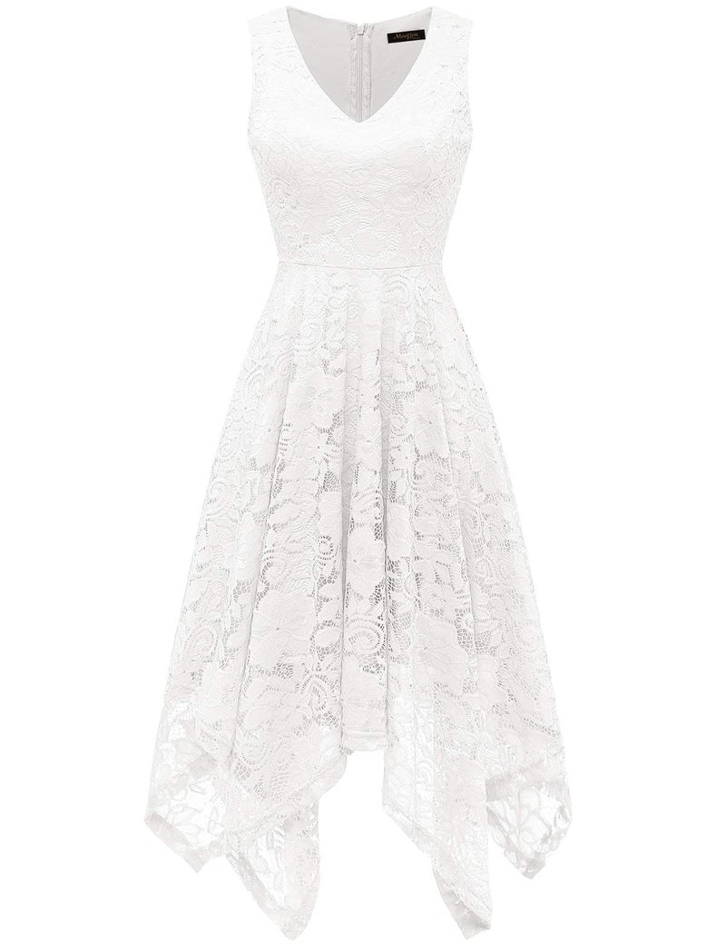 Meetjen Elegant V-Neck Cocktail Dress Formal Irregular Hem Sleeveless Wedding Dresses for Bride A-line Fancy White M - Image 3