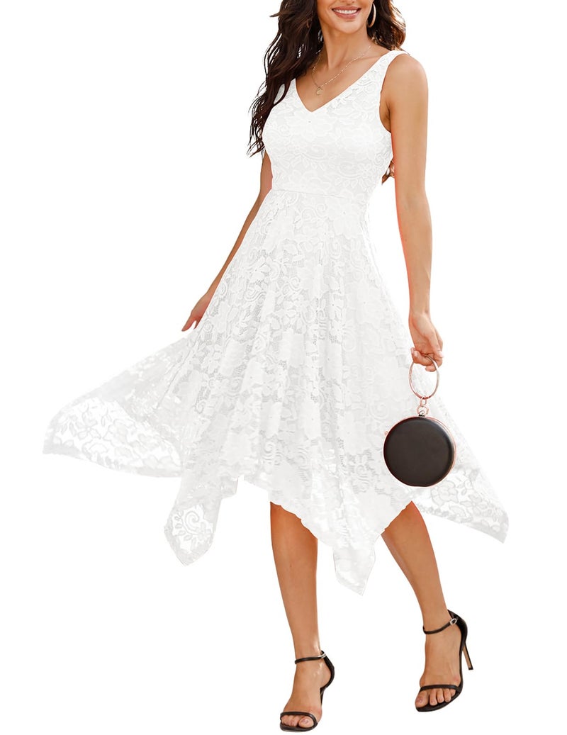 Meetjen Elegant V-Neck Cocktail Dress Formal Irregular Hem Sleeveless Wedding Dresses for Bride A-line Fancy White M - Image 1