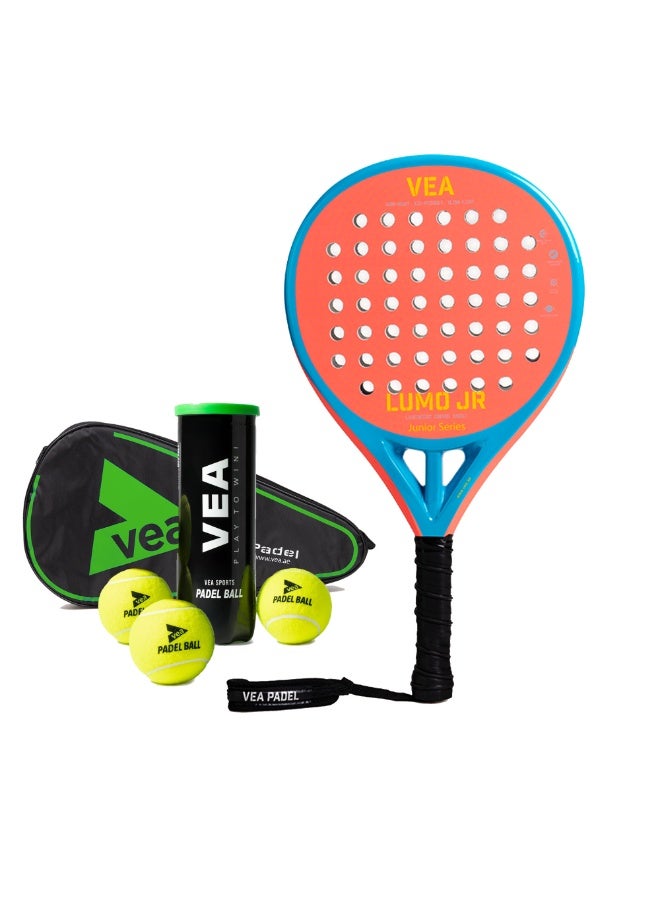 VEA LUMO JR Junior Padel Racket Bundle – Neon Orange | Includes 1 Racket and 1 Tube of VEA Padel Balls | 50% Carbon 50% Fiberglass | Soft EVA Core | Lightweight 320g | Glossy Finish - Image 1