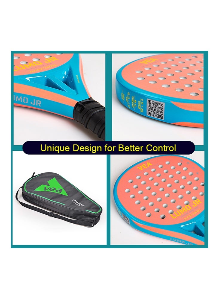 VEA LUMO JR Junior Padel Racket Bundle – Neon Orange | Includes 1 Racket and 1 Tube of VEA Padel Balls | 50% Carbon 50% Fiberglass | Soft EVA Core | Lightweight 320g | Glossy Finish - Image 3