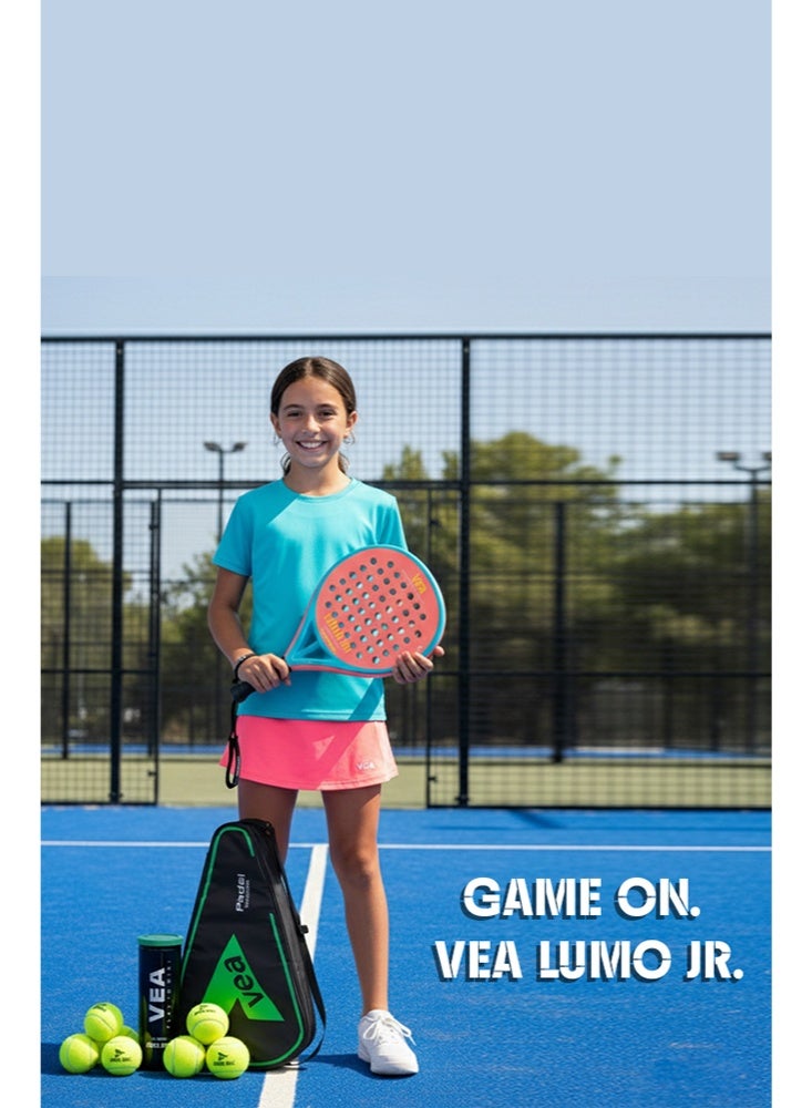 VEA LUMO JR Junior Padel Racket Bundle – Neon Orange | Includes 1 Racket and 1 Tube of VEA Padel Balls | 50% Carbon 50% Fiberglass | Soft EVA Core | Lightweight 320g | Glossy Finish - Image 5