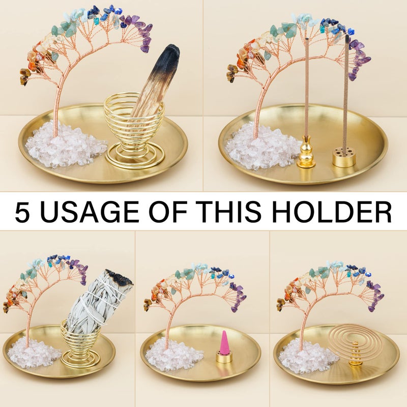 ZenBless 7 Chakra Healing Crystal Tree Incense Holder Palo Santo Sage Burner Brass Ash Catcher for Incense Sticks Coil Cones Yoga Meditation Zen Spiritual Room Home Decoration (Round) - Image 2