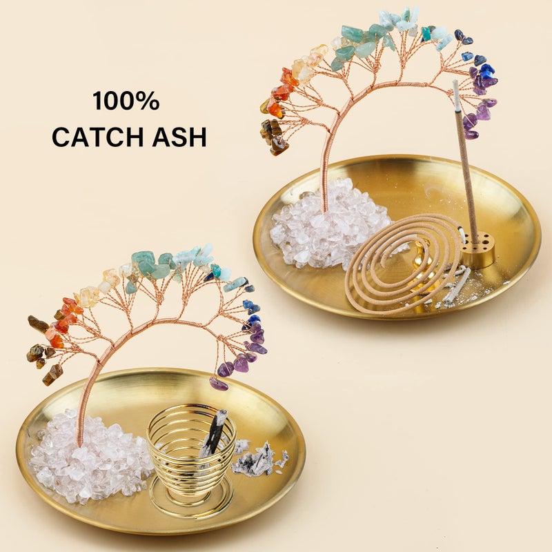 ZenBless 7 Chakra Healing Crystal Tree Incense Holder Palo Santo Sage Burner Brass Ash Catcher for Incense Sticks Coil Cones Yoga Meditation Zen Spiritual Room Home Decoration (Round) - Image 3