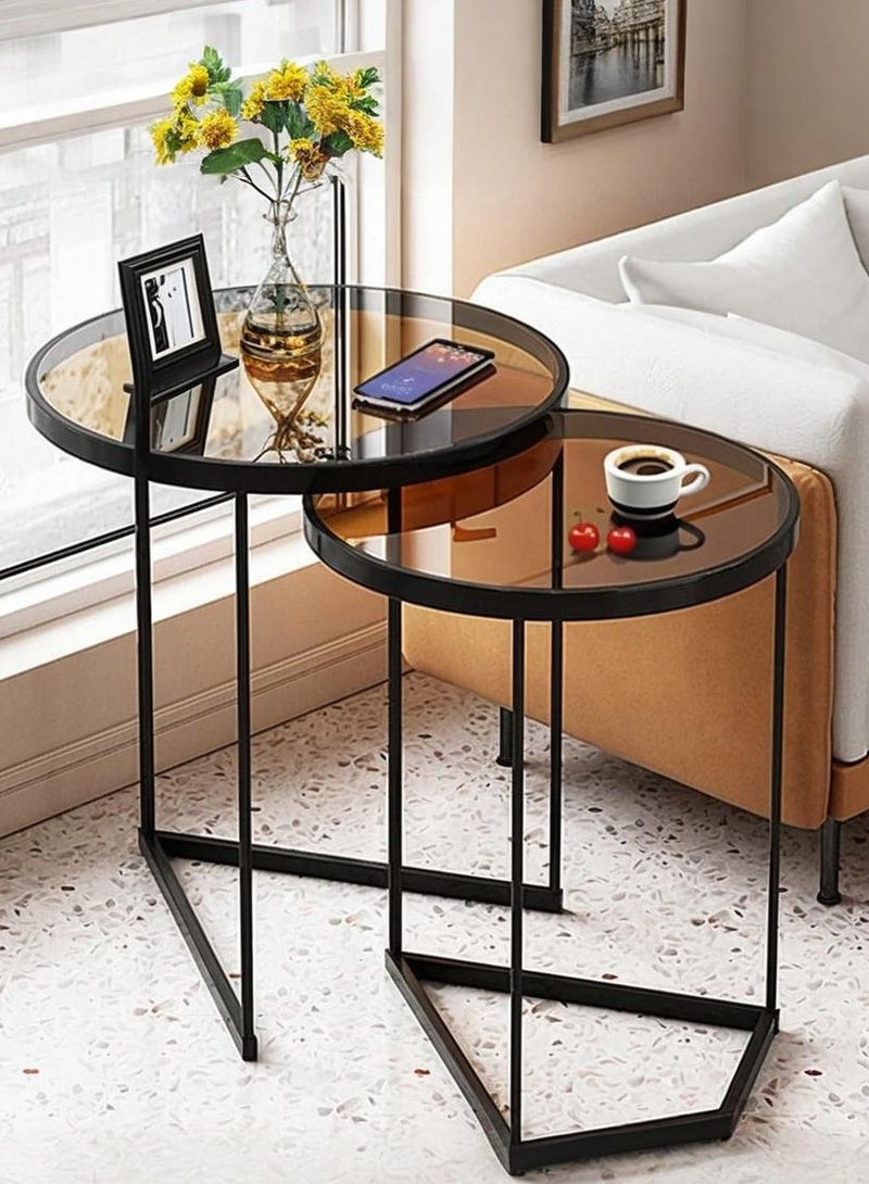 XiuWoo Set of 2 Modern Round Nesting Coffee Tables, Metal Frame and Tempered Glass Top, Elegant Living Room Accent Tables, Space-Saving Side Tables for Living Room or Bedroom - Image 1
