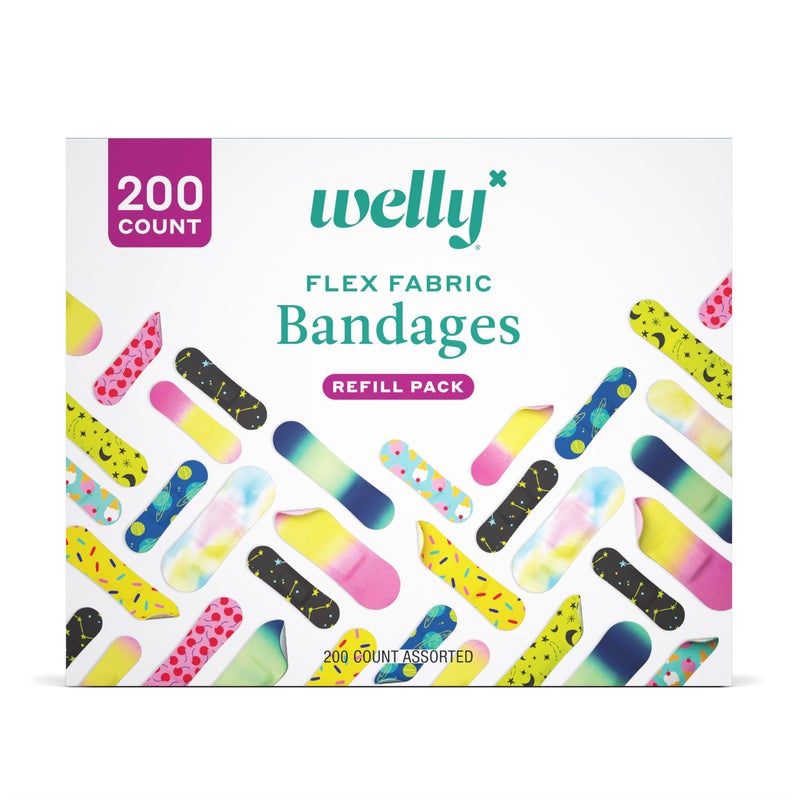 Welly Bandage Refill Ready Pack Adhesive Flexible Fabric Bandages Bulk Assorted Shapes and Patterns for Minor Cuts Scrapes and Wounds 200 Count