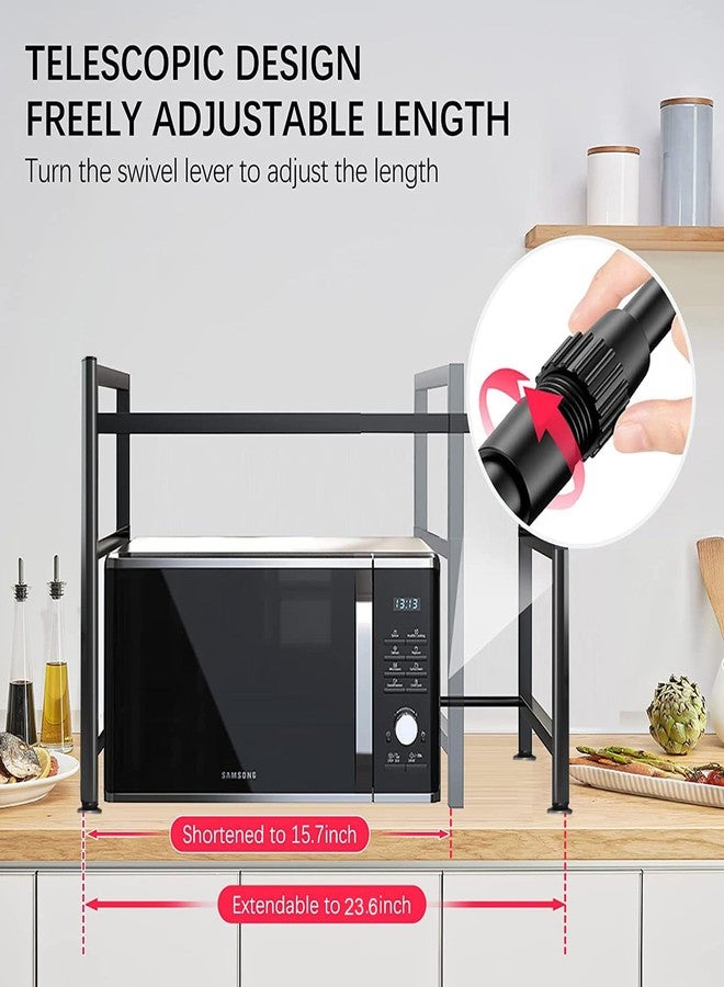 LFGKeng Expandable Microwave Oven Rack, Double Layer Carbon Steel Adjustable Microwave Shelf, Toaster Rack Heavy Duty Stand Kitchen Countertop Organizer, 55 lb Load Bearing, 2 Tier with 6 Hooks (Black) - Image 4