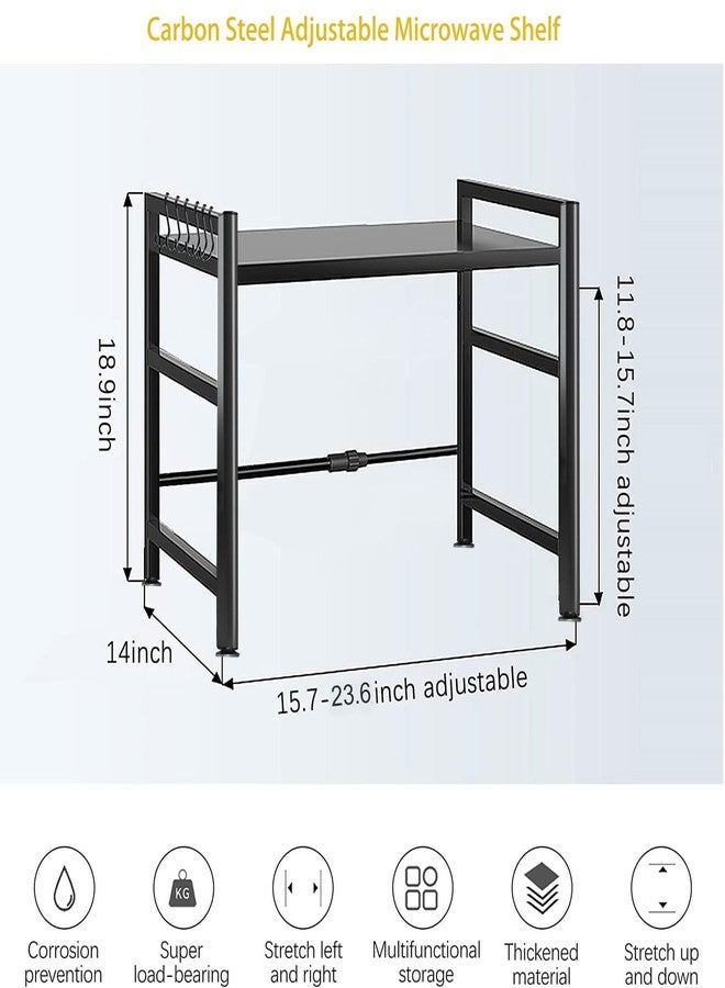LFGKeng Expandable Microwave Oven Rack, Double Layer Carbon Steel Adjustable Microwave Shelf, Toaster Rack Heavy Duty Stand Kitchen Countertop Organizer, 55 lb Load Bearing, 2 Tier with 6 Hooks (Black) - Image 3
