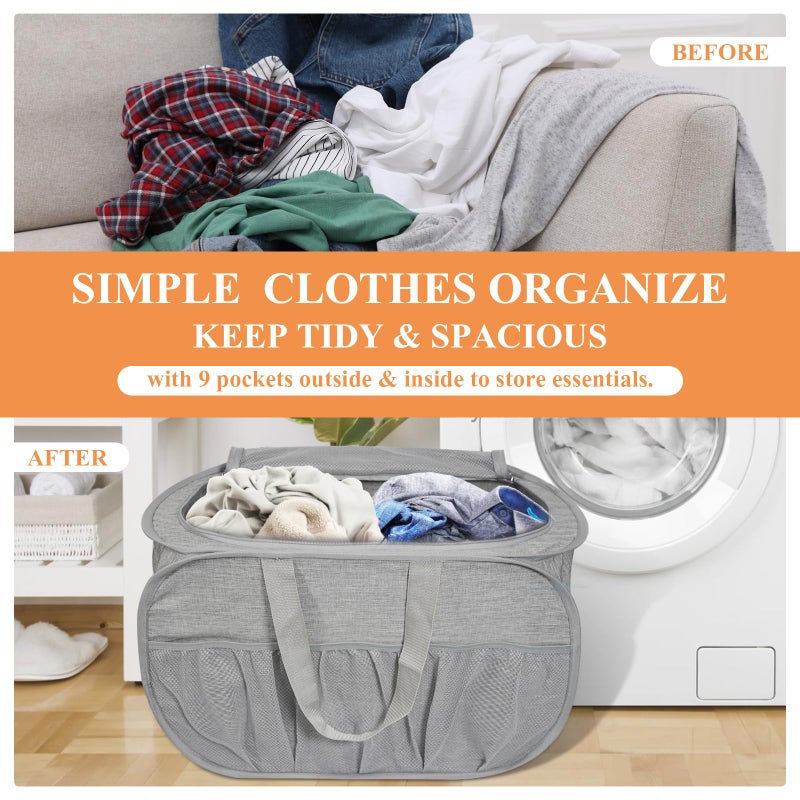 Bemkoo Collapsible Laundry Baskets with Lid, Foldable Laundry Basket with Pockets, Pop Up Laundry Hamper with Dual Handles, 99L Sturdy Hampers for Clothes, Groceries, Supplies, Tools, Grey - Image 3