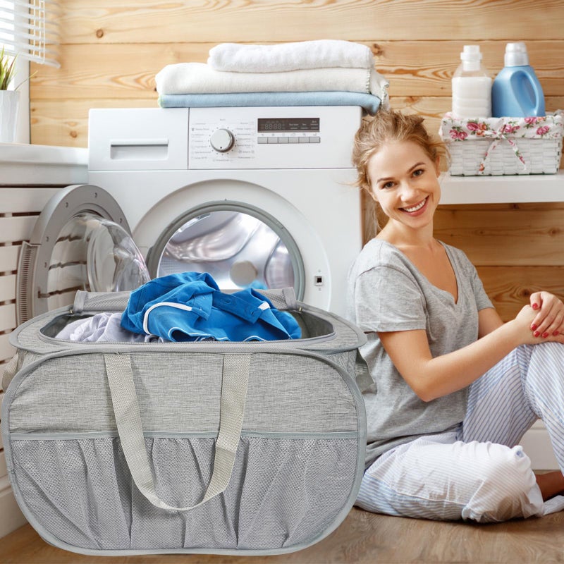 Bemkoo Collapsible Laundry Baskets with Lid, Foldable Laundry Basket with Pockets, Pop Up Laundry Hamper with Dual Handles, 99L Sturdy Hampers for Clothes, Groceries, Supplies, Tools, Grey - Image 2