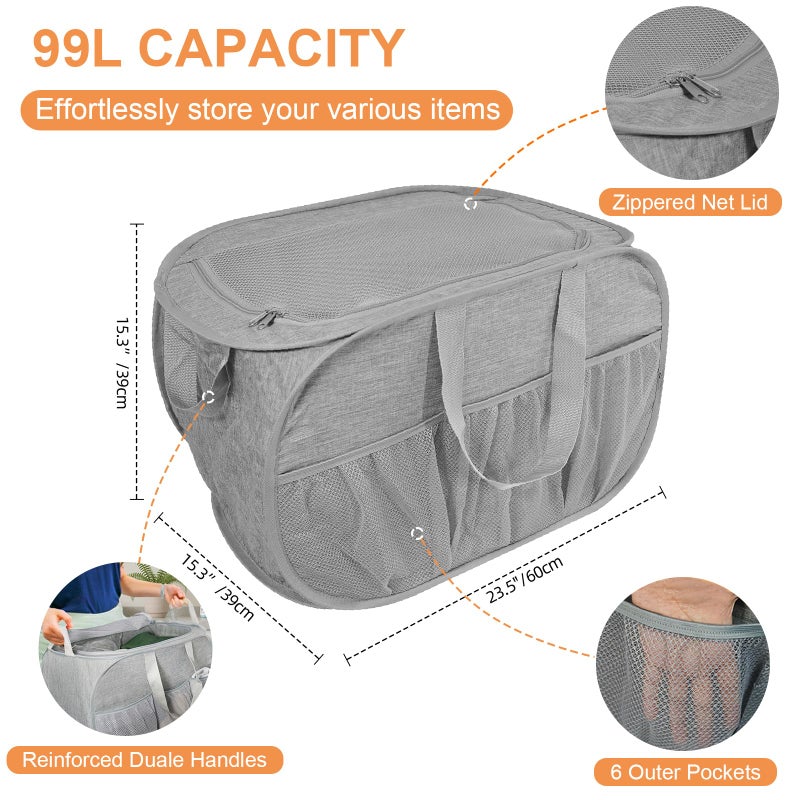 Bemkoo Collapsible Laundry Baskets with Lid, Foldable Laundry Basket with Pockets, Pop Up Laundry Hamper with Dual Handles, 99L Sturdy Hampers for Clothes, Groceries, Supplies, Tools, Grey - Image 4