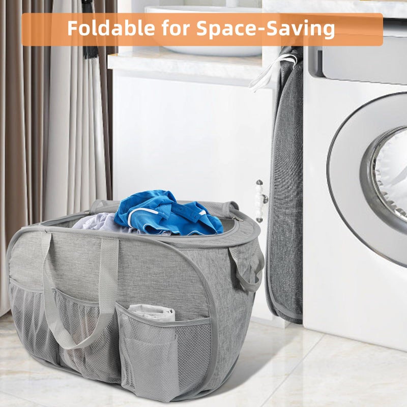 Bemkoo Collapsible Laundry Baskets with Lid, Foldable Laundry Basket with Pockets, Pop Up Laundry Hamper with Dual Handles, 99L Sturdy Hampers for Clothes, Groceries, Supplies, Tools, Grey - Image 5