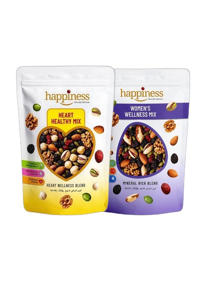 هابينيس باقة مشتركة (Cross Bundle): خليط مكسرات هابينيس (Happiness) لصحة القلب ١٥٠ جم وخليط صحة المرأة ١٥٠ جم | أوميغا ٣، ألياف ومضادات أكسدة | لوز، عين جمل، جوز برازيلي، بذور يقطين، زبيب وتوت بري | لدعم المناعة والصحة - Image 1
