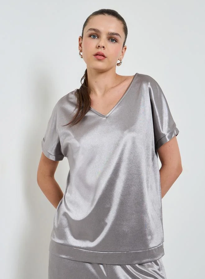 Take Two Grey Solid V-Neck Top and Trousers Stain Co-ord Set