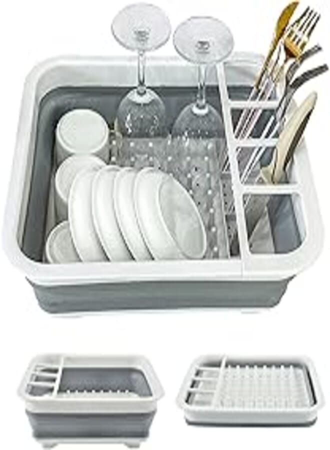 Vaupan Collapsible Dish Drying Rack, Foldable Dish Rack Dish Drainer, Portable Dinnerware Organizer, Space Saving Kitchen Storage Tray for Home Outdoor Camping(Grey)
