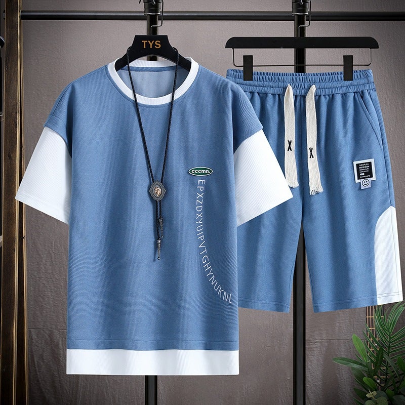 Men's Waffle Knit Tracksuit Set - Short Sleeve Top & Shorts - Image 3