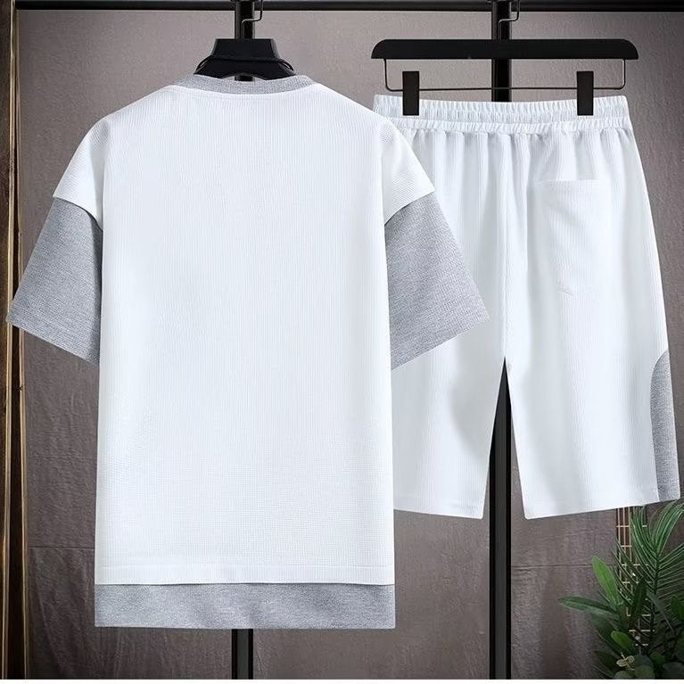 Men's Waffle Knit Tracksuit Set - Short Sleeve Top & Shorts - Image 4
