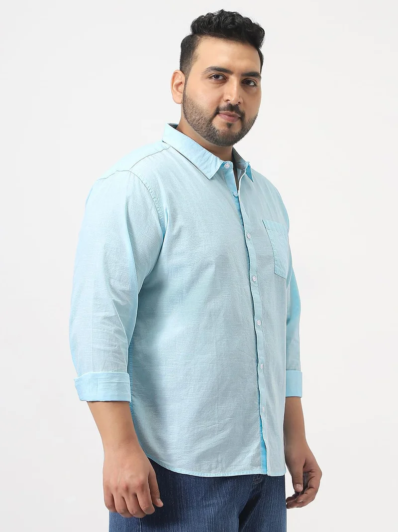 Urbano Fashion  Urbano Plus Men's Light Blue Cotton Full Sleeve Regular Fit Casual Solid Slub Shirt with Spread Collar  | Best Price UAE
