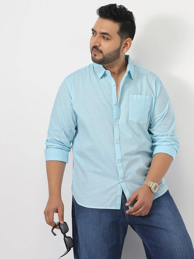 Urbano Plus Men's Light Blue Cotton Full Sleeve Regular Fit Casual Solid Slub Shirt with Spread Collar