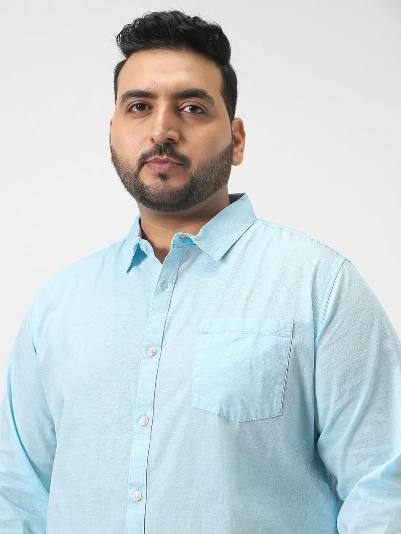 Urbano Fashion  Urbano Plus Men's Light Blue Cotton Full Sleeve Regular Fit Casual Solid Slub Shirt with Spread Collar  | Best Price UAE
