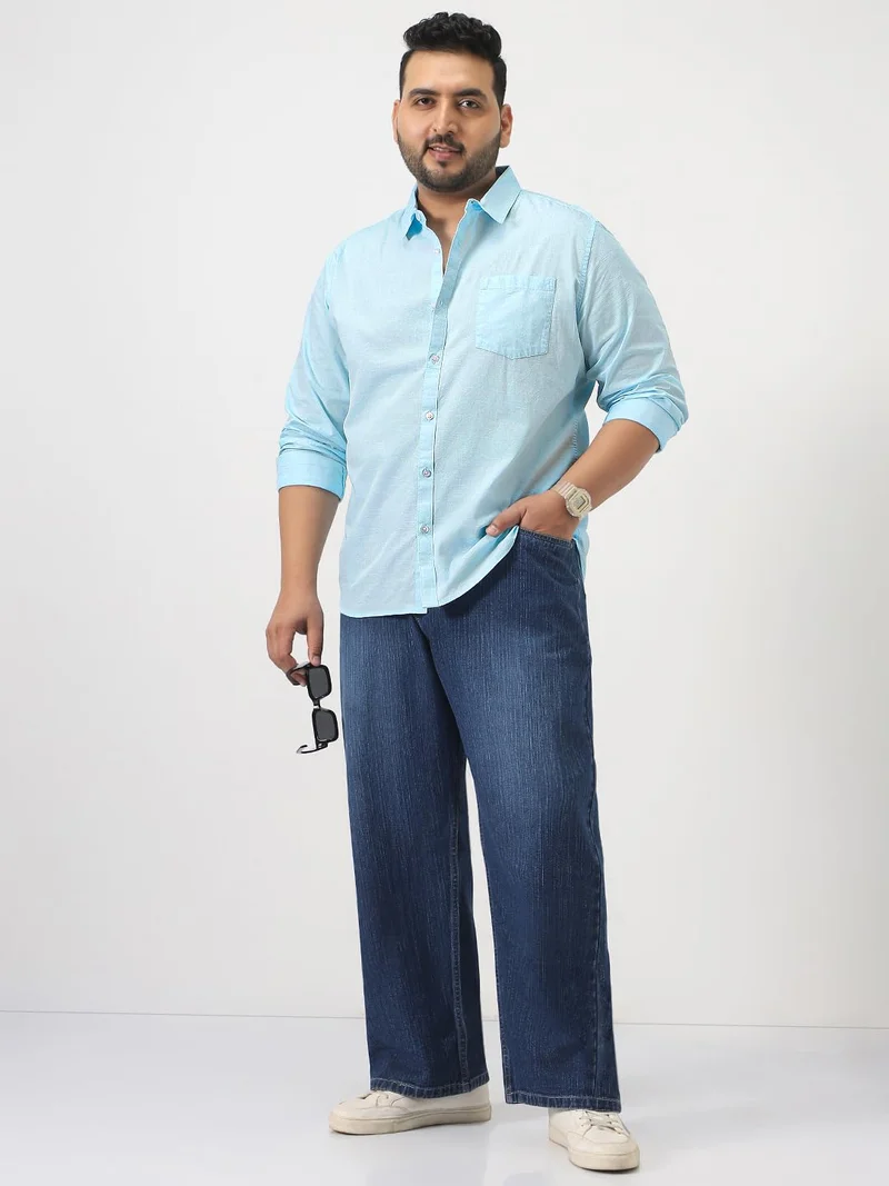 Urbano Fashion  Urbano Plus Men's Light Blue Cotton Full Sleeve Regular Fit Casual Solid Slub Shirt with Spread Collar  | Best Price UAE