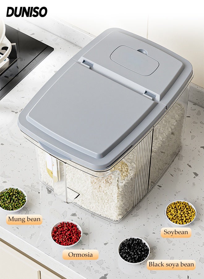 DUNISO موزع أرز، حاويات أرز سعة 5 كجم، دلو أرز محكم ضد الرطوبة مع كوب قياس، حاوية دقيق حبوب كبيرة، حاوية تخزين فول الصويا للمطبخ، المخزن المنزلي - Image 1