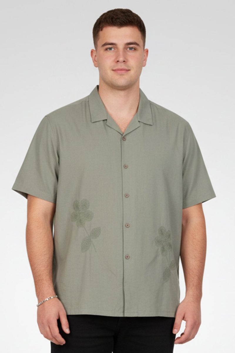 Threadbare Men Regular Fit Short Sleeve Embroidered Casual Shirt, Sage Green - Image 1