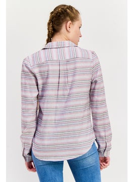 Weatherproof Women Spread Collar Long Sleeve Stripe Shirts, Grey  - Image 3
