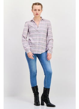 Weatherproof Women Spread Collar Long Sleeve Stripe Shirts, Grey  - Image 4