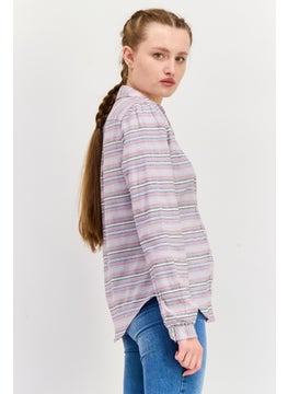 Weatherproof Women Spread Collar Long Sleeve Stripe Shirts, Grey  - Image 2