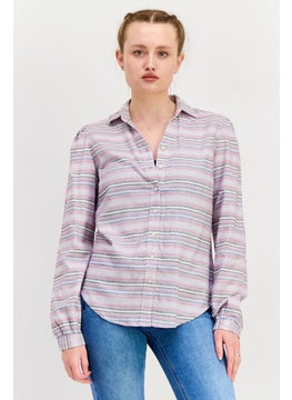 Weatherproof Women Spread Collar Long Sleeve Stripe Shirts, Grey  - Image 1