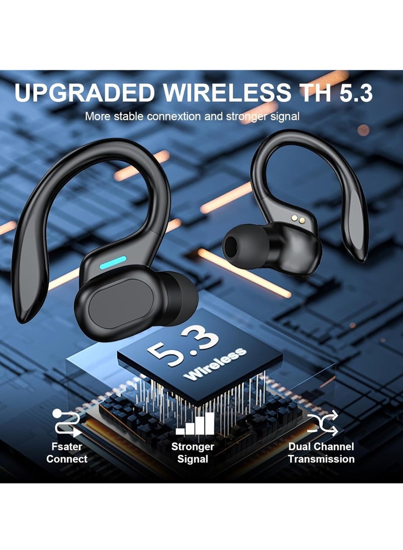 سماعات أذن رياضية بميكروفون بلوتوث لاسلكي - ميكروفون مدمج لتقليل الضوضاء ستيريو عالي الدقة للتحكم باللمس مع شاشة LED صندوق شحن الطاقة للجري المكتبي (أسود) - Image 2