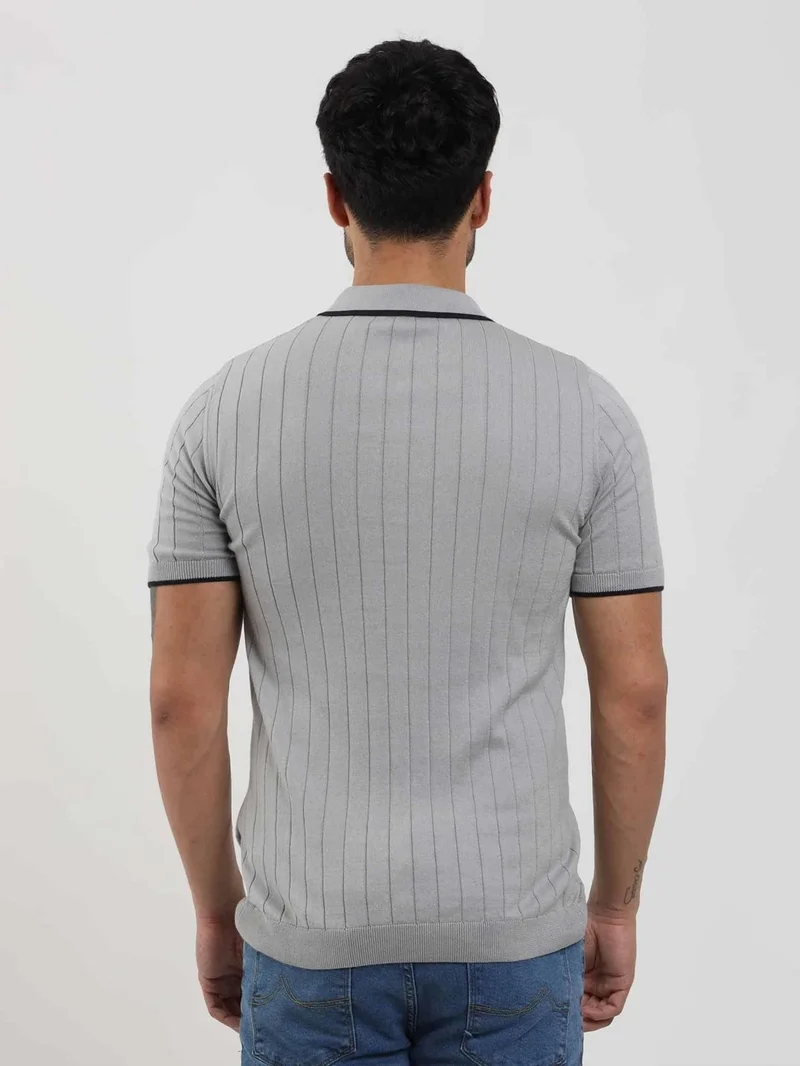 Dufy Gray Men's Slim Fit Ribbed Zippered Polo Neck Sweater - 104621