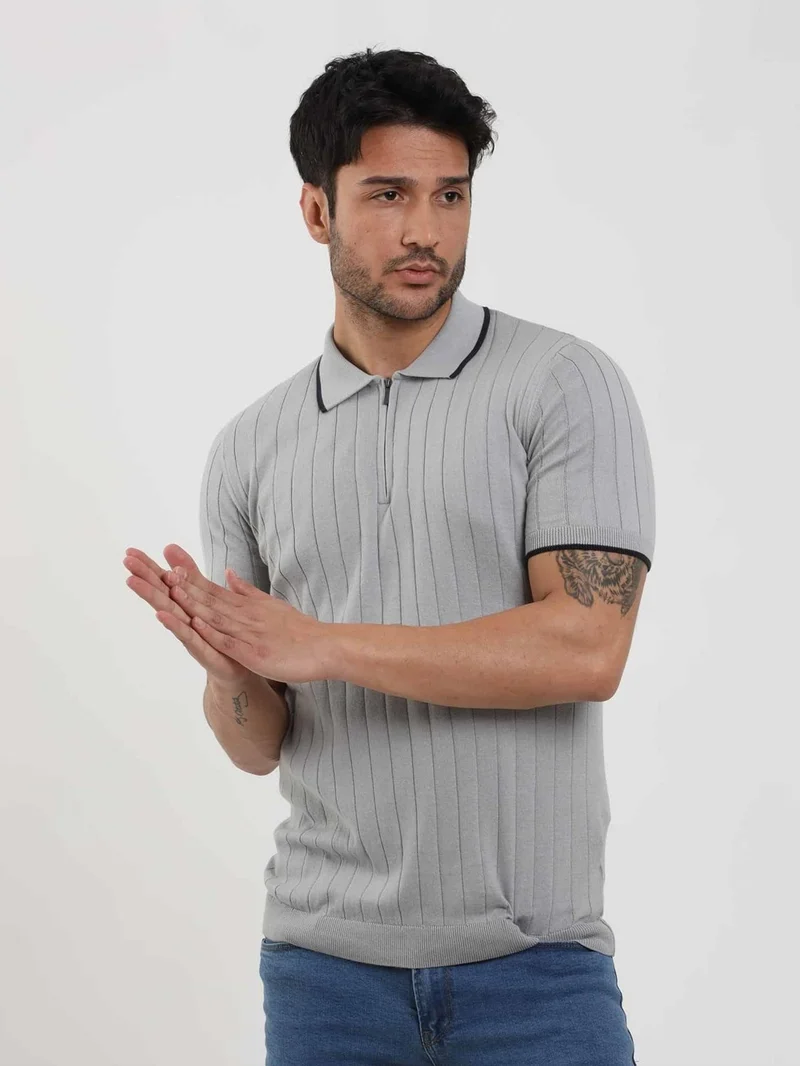 Dufy Gray Men's Slim Fit Ribbed Zippered Polo Neck Sweater - 104621