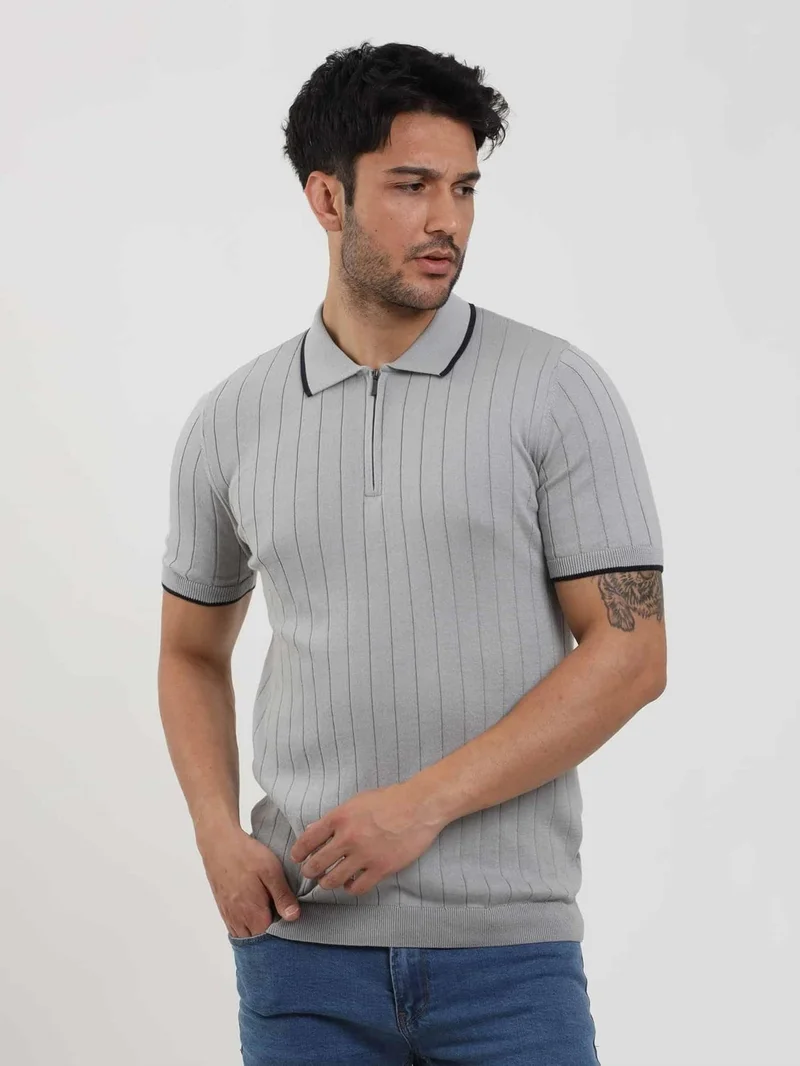Dufy Gray Men's Slim Fit Ribbed Zippered Polo Neck Sweater - 104621