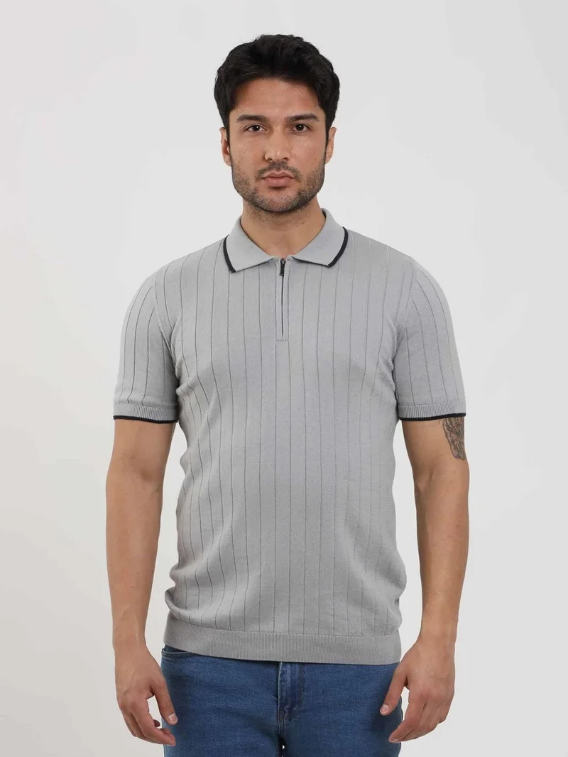 Dufy Gray Men's Slim Fit Ribbed Zippered Polo Neck Sweater - 104621