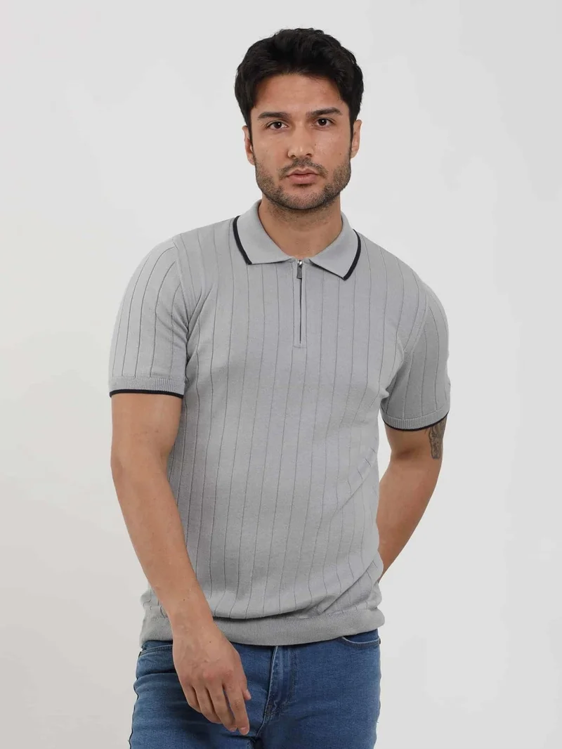 Dufy Gray Men's Slim Fit Ribbed Zippered Polo Neck Sweater - 104621