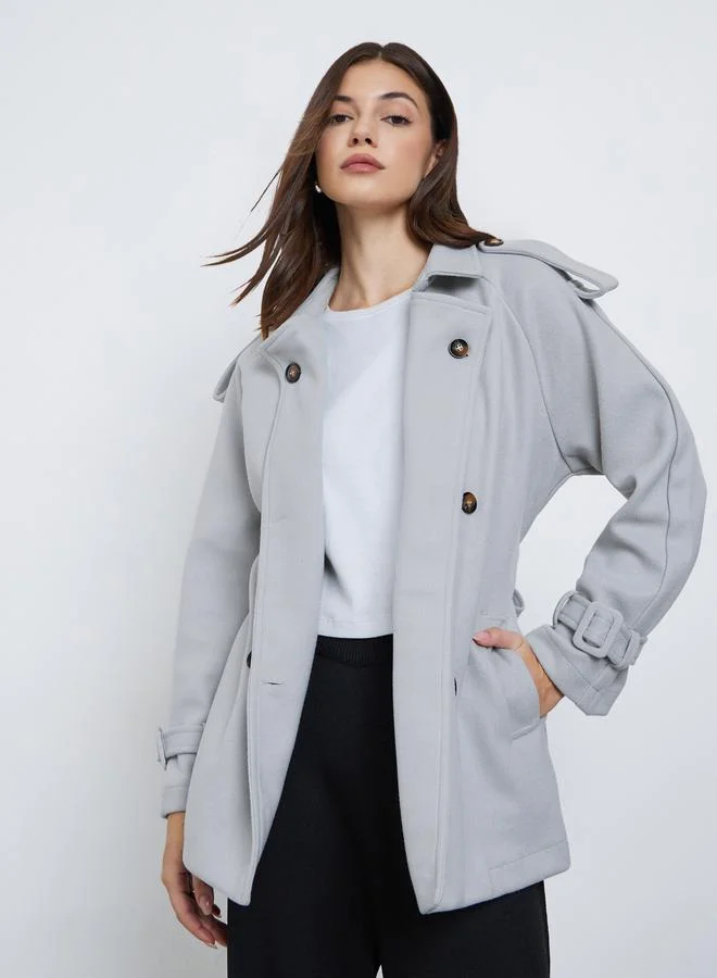 Styli Grey Oversized Wool Like Belted Jacket