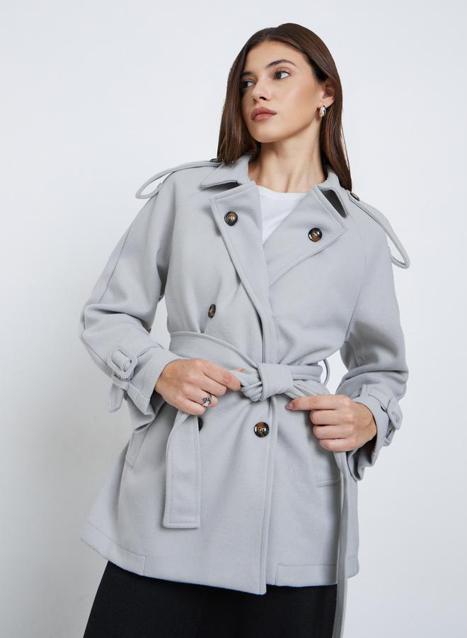 Styli Grey Oversized Wool Like Belted Jacket - Image 3