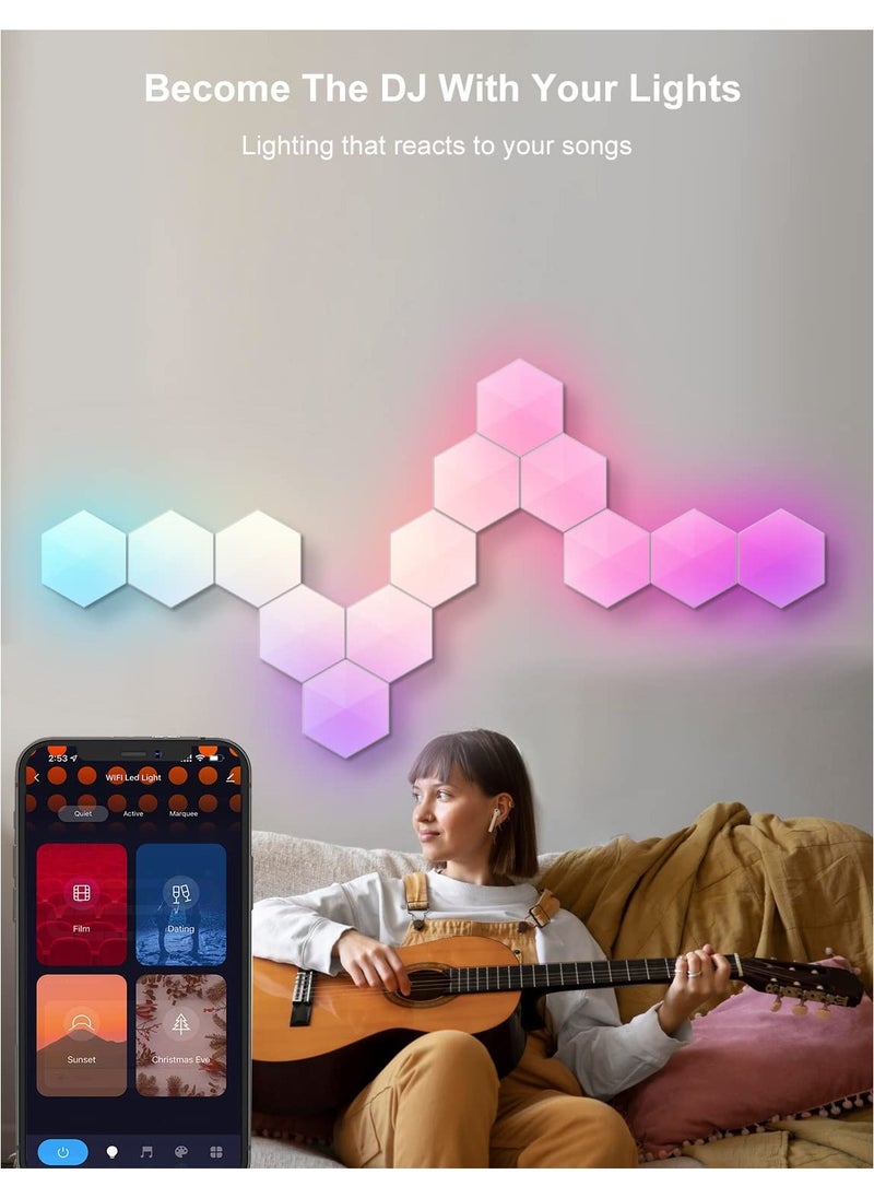 Hexagon Light Panels Smart LED Wall Lights Glide Hexa RGBIC Wall Lights with Music Sync Scene Modes Work for Gaming Room Bedroom Living Room