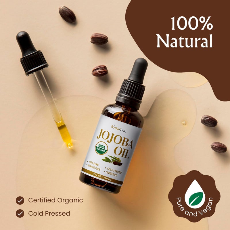BodyJ4You Organic Jojoba Oil for Skin - USDA Organic 100% Pure Natural - Face Skin Gua Sha Facial Dermaplaning Hair Scalp Massage - Unrefined Cold Pressed Hexane Free - Base Carrier Wax - 4.22 Fl Oz - Image 2